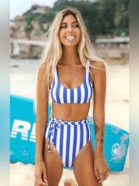 Cupshe Blue & White Vertical-Stripe High-Waist Bikini